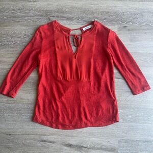 Sandro Paris Women's Linen Silk Blouse Small Red Keyhole Neck Tie New Other $132